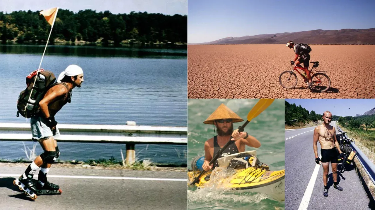 Jason Lewis traveling the world using human-powered methods including inline skating, cycling, kayaking, and biking across different terrains.