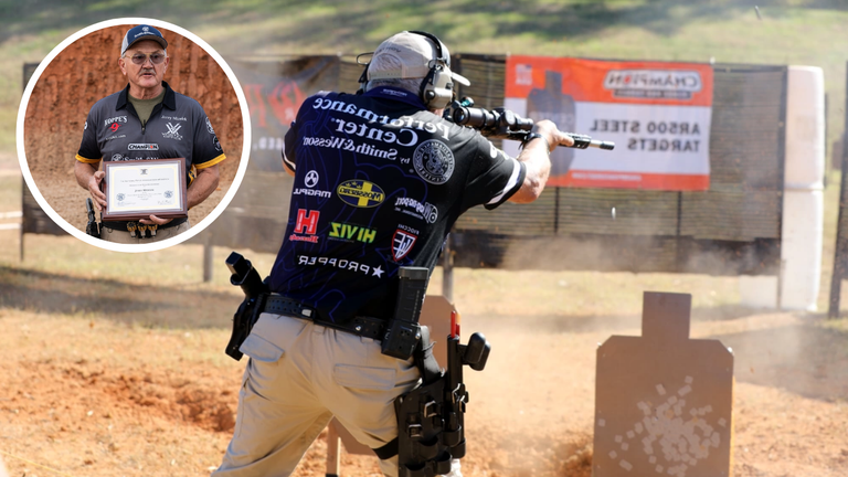 Jerry Miculek, the fastest shooter alive, competing in a speed shooting event and holding a certificate for his world record achievements