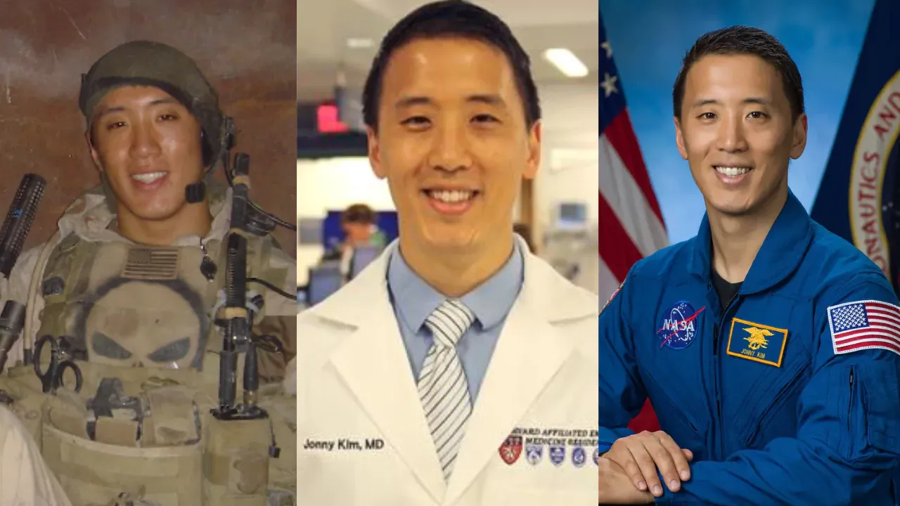 Jonathan Kim pictured as a Navy SEAL, physician, and NASA astronaut, showcasing his triple-threat career.