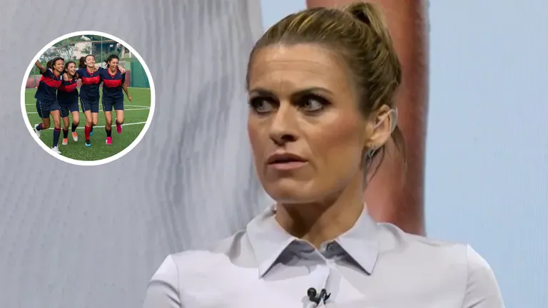 Karen Carney speaks on Sky Sports urging equal sponsorship between men's and women's football teams, with image of female footballers celebrating.