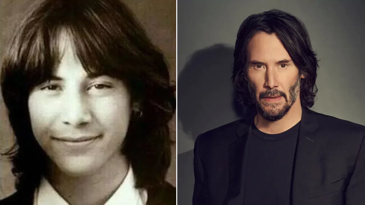 Side-by-side photos of young Keanu Reeves and present-day Keanu Reeves showing his transformation from a sci-fi-obsessed teen to a Hollywood icon