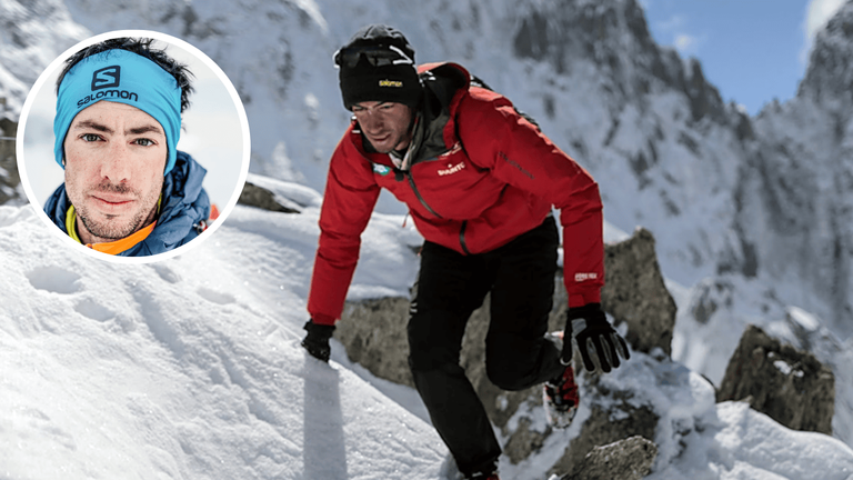Kilian Jornet climbing snowy mountain slopes during his Everest ascent in 2017, showing his minimalist no-oxygen mountaineering style.
