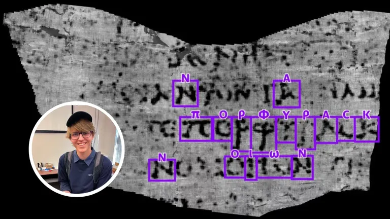AI-generated view of ancient scroll text with the word "porphyras" highlighted, discovered by Luke Farritor using machine learning on a scroll buried in 79 C.E.