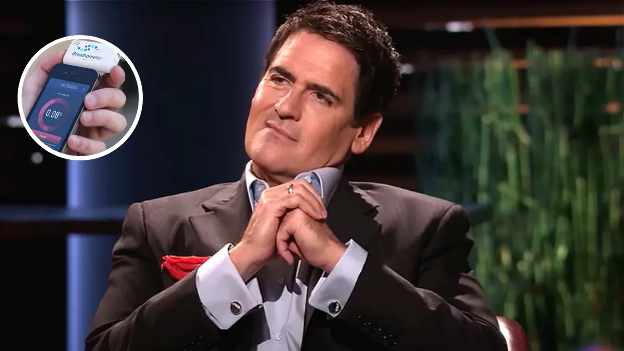 Mark Cuban sits on Shark Tank set with inset image of Breathometer device showing a 0.08% BAC reading