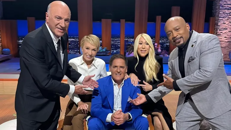 Mark Cuban sits center stage with fellow Shark Tank investors Kevin O'Leary, Barbara Corcoran, Lori Greiner, and Daymond John during his final episode.