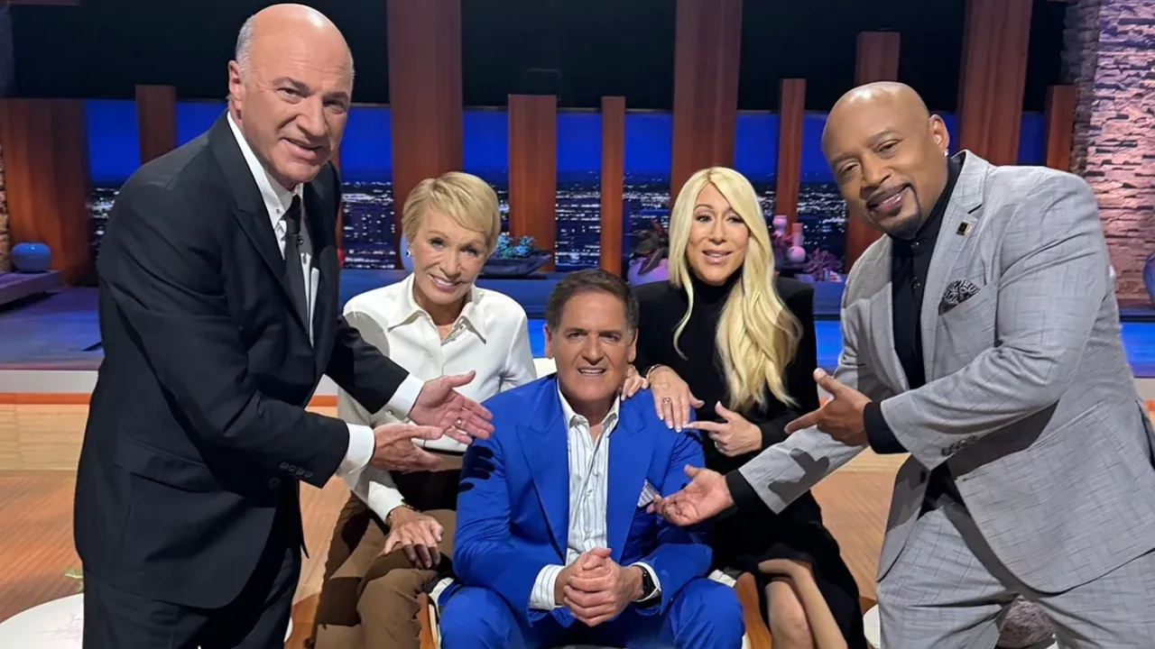 Mark Cuban sits center stage with fellow Shark Tank investors Kevin O'Leary, Barbara Corcoran, Lori Greiner, and Daymond John during his final episode.