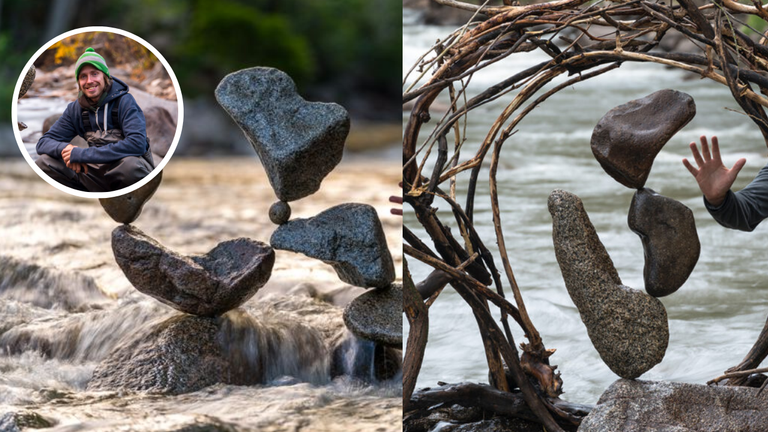Michael Grab also known as Gravity Glue balancing impossible rock sculptures by a river without glue or supports