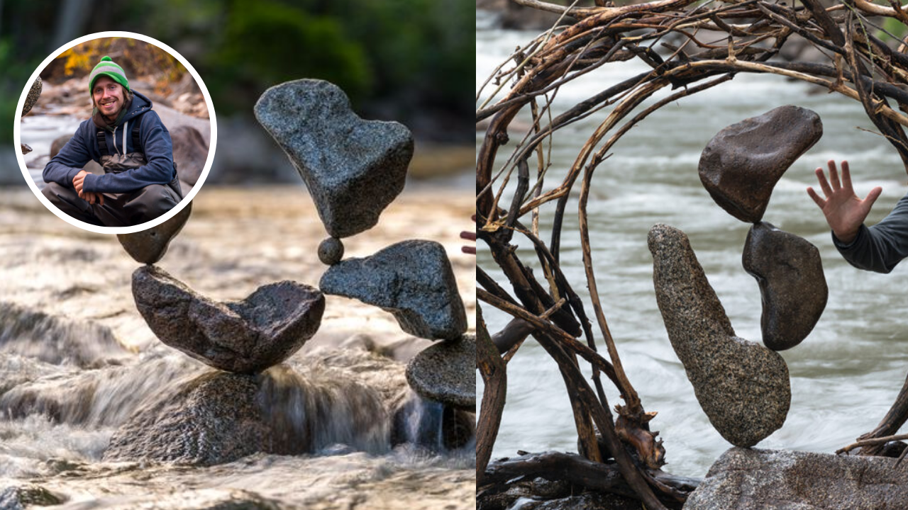 Michael Grab also known as Gravity Glue balancing impossible rock sculptures by a river without glue or supports