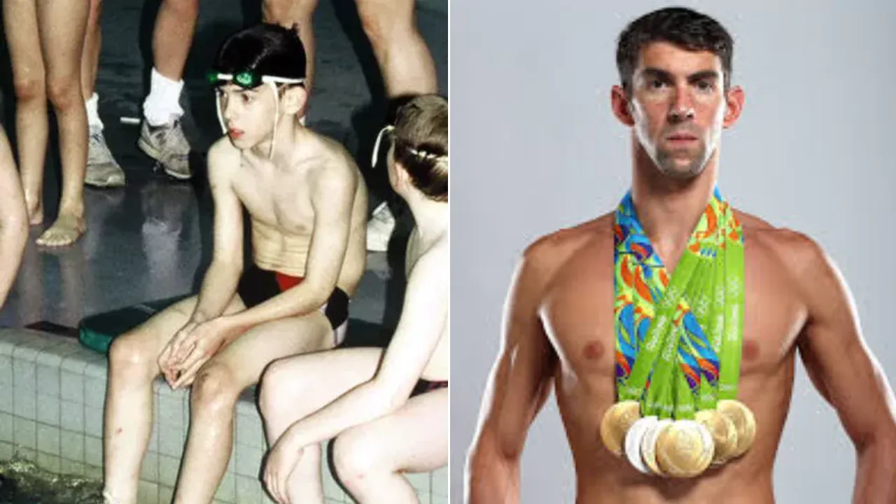 Young Michael Phelps sitting by the pool next to a photo of him as an Olympic champion wearing gold medals