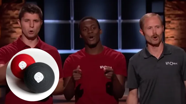 MyoStorm founders pitching the Meteor massage ball on Shark Tank with product shown in front