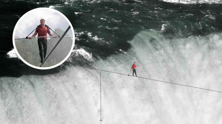 Nik Wallenda walking on a tightrope over Niagara Falls during his live 2012 stunt without a safety net