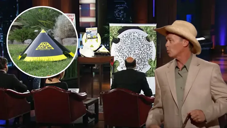 Entrepreneur pitching the No Fly Cone fly trap on Shark Tank with product close-up inset image.