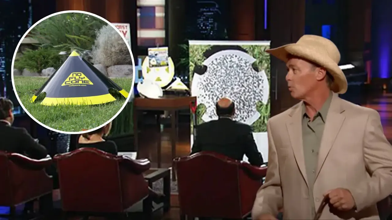 Entrepreneur pitching the No Fly Cone fly trap on Shark Tank with product close-up inset image.