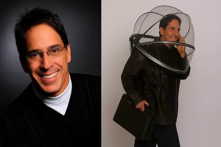 Alan Kaufman, founder of Nubrella, smiling in a portrait and demonstrating the hands-free umbrella in a side-by-side image.