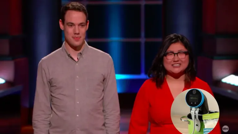 Nomiku founders Lisa and Abe Fetterman pitching their sous vide device on Shark Tank with product image inset