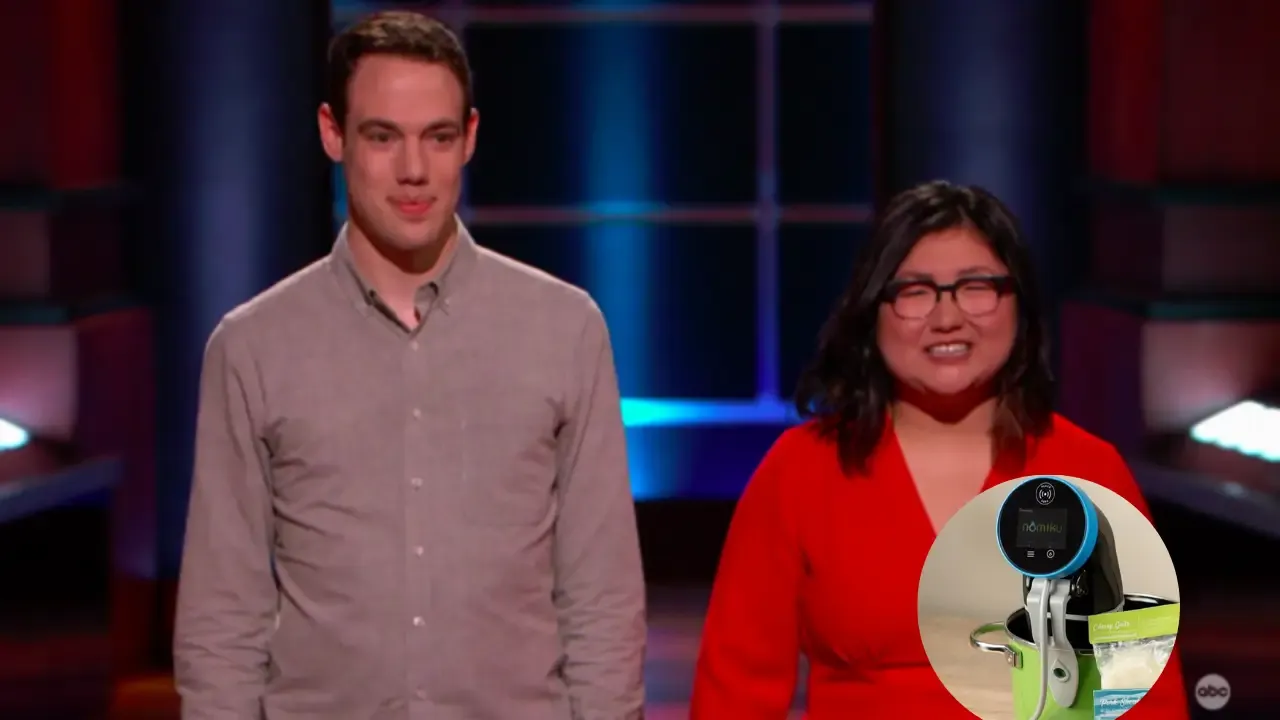 Nomiku founders Lisa and Abe Fetterman pitching their sous vide device on Shark Tank with product image inset