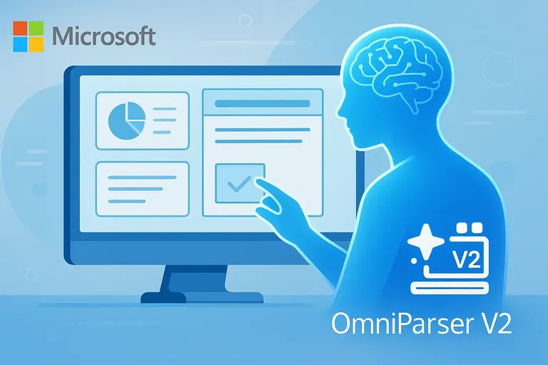 A digital illustration of an AI assistant interacting with a business dashboard on a computer screen, featuring the Microsoft and OmniParser V2 logos, symbolizing screen-aware business automation with LLM agents.