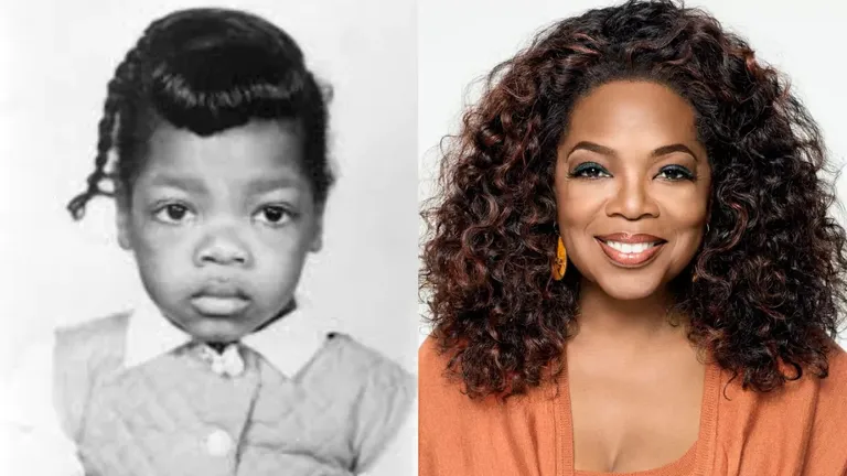 Side-by-side photos of Oprah Winfrey as a child and adult, showing her lifelong passion for storytelling and public speaking