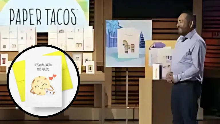 Jesús Ruvalcaba pitching Paper Tacos greeting cards on Shark Tank with cultural card designs in the background
