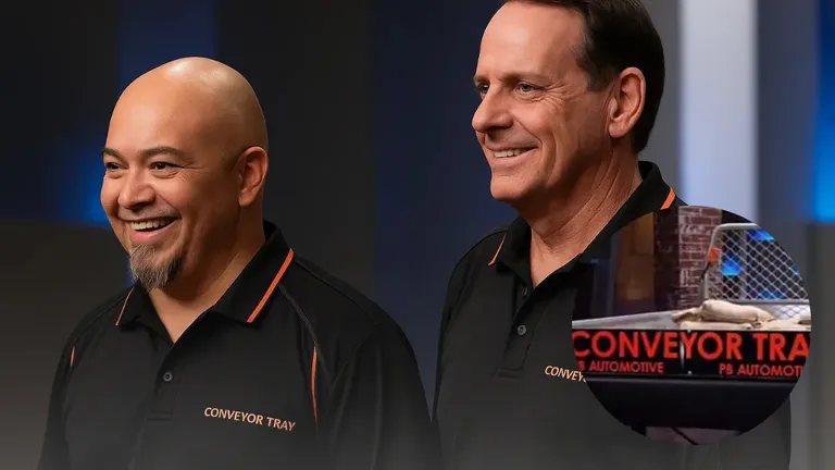 Bruno Oppedisano and Paul Usatti presenting PB Automotive Conveyor Tray on Shark Tank Australia with product inset