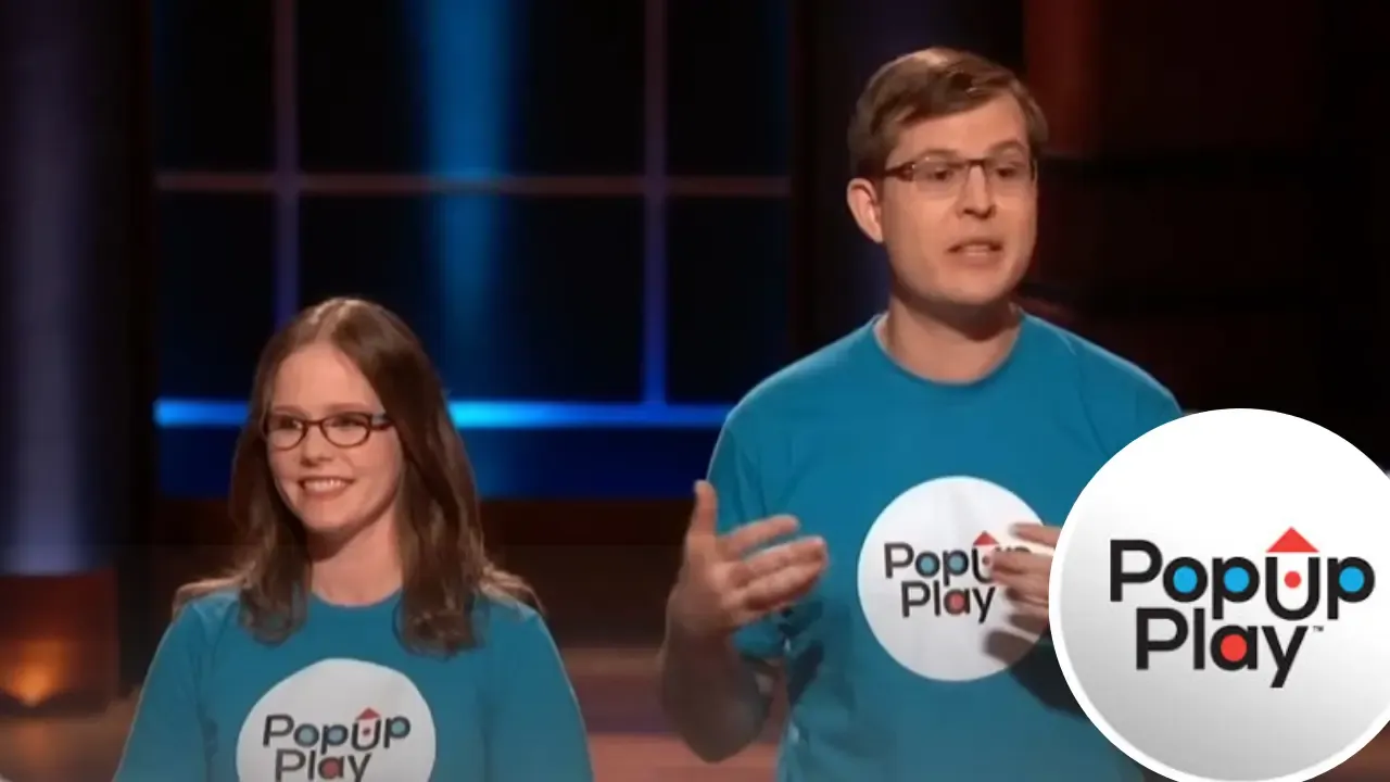 Popup Play founders Amelia Cosgrove and Bryan Thomas presenting their custom cardboard playhouse on Shark Tank