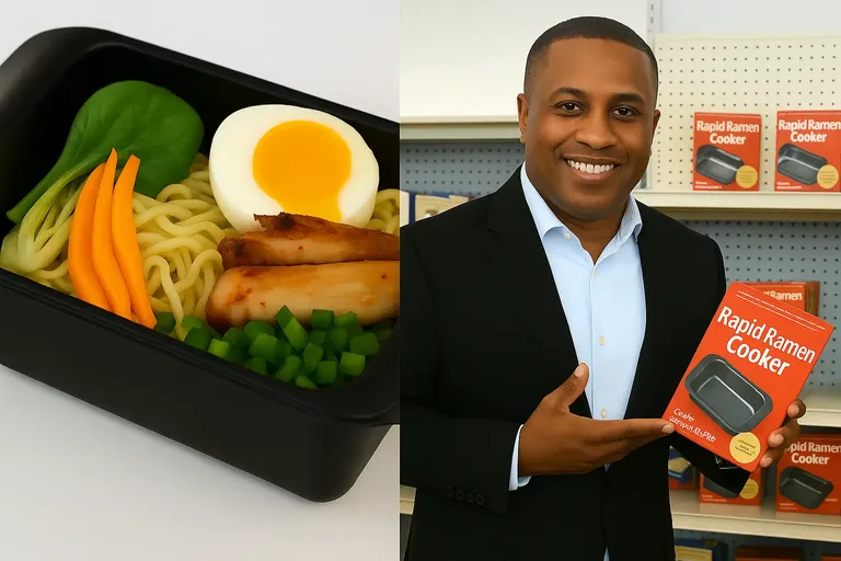 Founder of Rapid Ramen Cooker holding the product box beside a close-up of a cooked ramen meal in the cooker