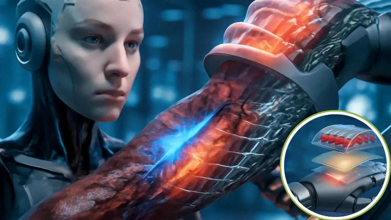 Close-up of a humanoid robot using self-healing technology to repair a damaged forearm in a futuristic lab setting.