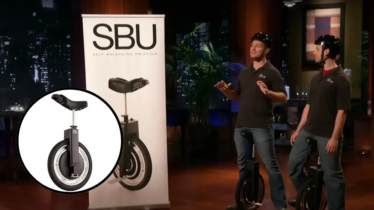 Entrepreneurs presenting the SBU Self-Balancing Unicycle on Shark Tank with product banner and prototype in use.