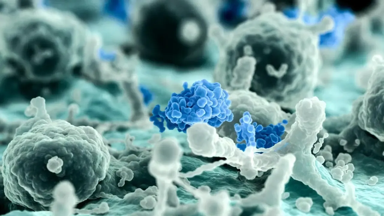 Hyper realistic microscopic visualization showing SerpinB3 proteins activating during early skin wound healing.