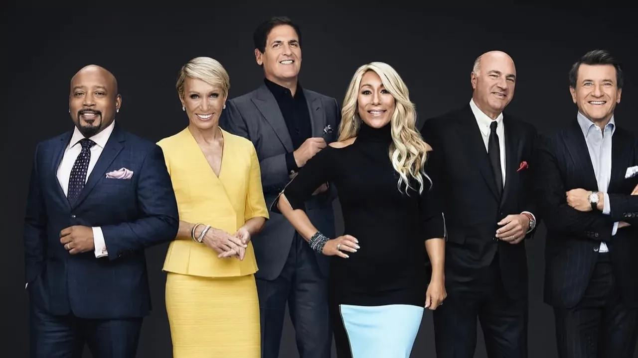 The main cast of Shark Tank Season 17 including Lori Greiner, Mark Cuban, Daymond John, Barbara Corcoran, Kevin O’Leary, and Robert Herjavec.