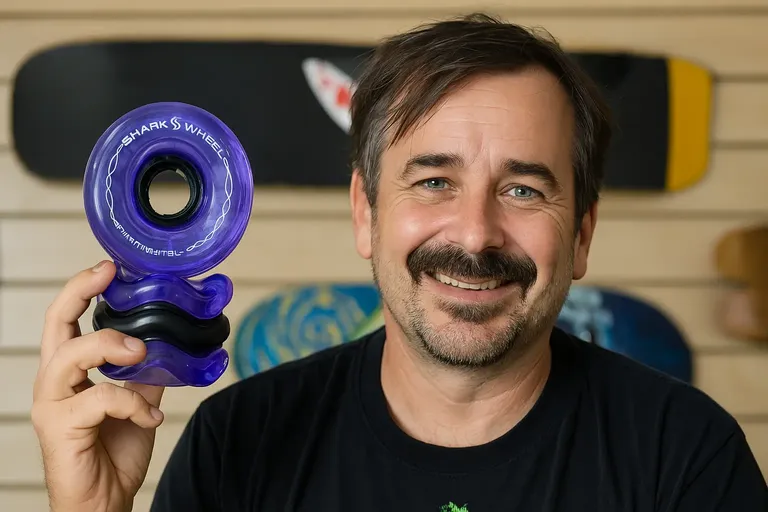 Shark Wheel founder David Patrick holding a purple Shark Wheel in front of skateboard display