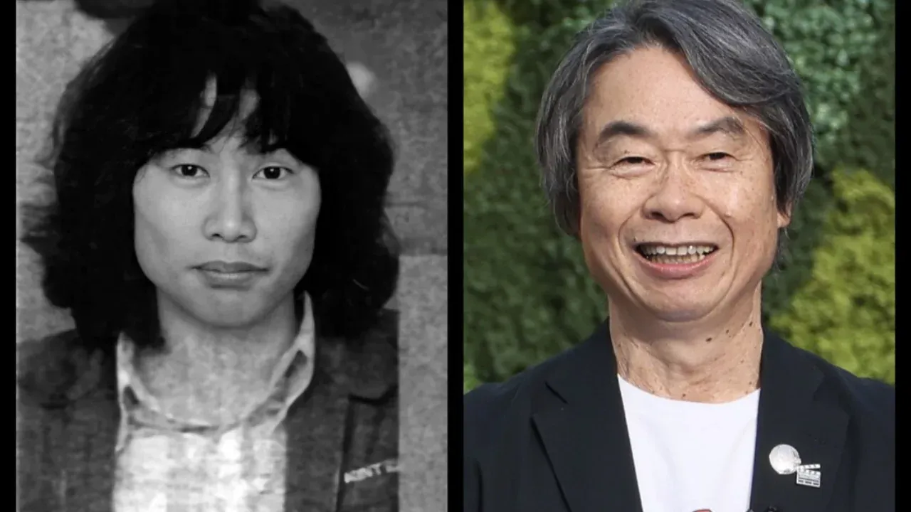 Side-by-side image of young and older Shigeru Miyamoto showing his transformation from a curious designer to gaming legend