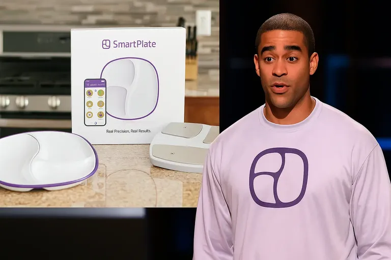 SmartPlate device and founder Anthony Ortiz during Shark Tank pitch and product showcase in a modern kitchen setting