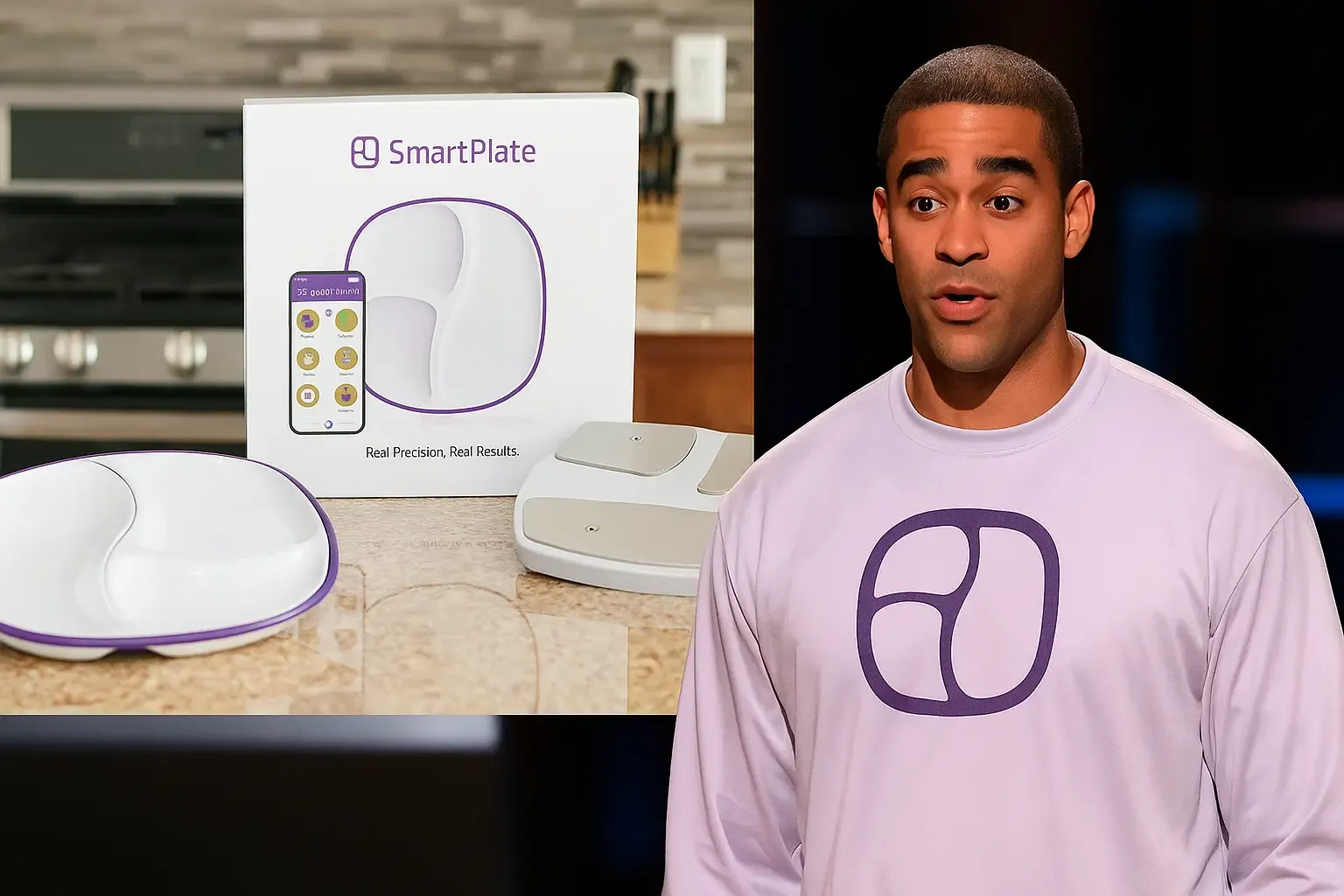 SmartPlate device and founder Anthony Ortiz during Shark Tank pitch and product showcase in a modern kitchen setting