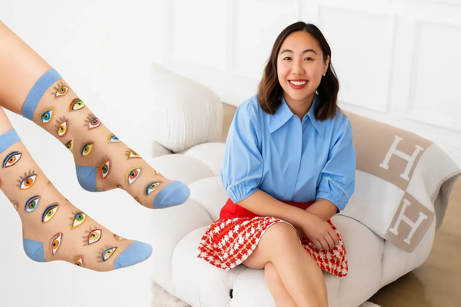 A photograph features a young Asian woman seated on a modern white couch, smiling, next to a close-up of colorful patterned socks from Sock Candy.
