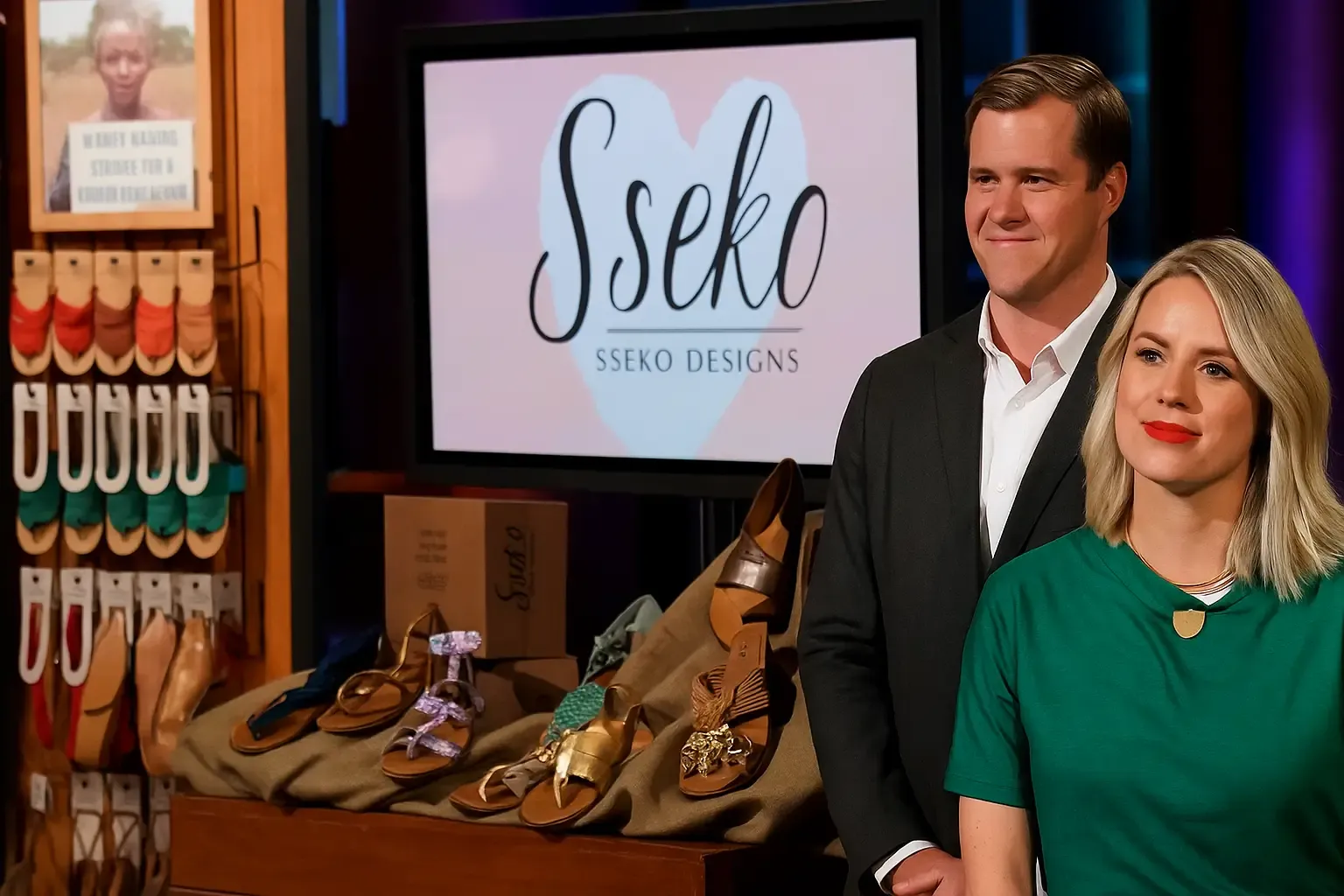 Founders of Sseko Designs on Shark Tank with handcrafted sandals and product display