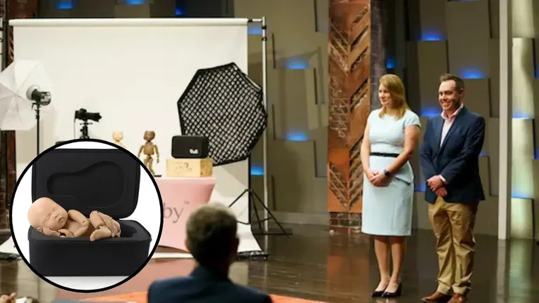 StandInBaby founders pitching their realistic newborn photography training doll on Shark Tank, with a close-up of the product in a case.