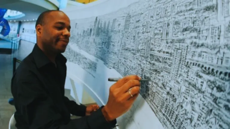 Stephen Wiltshire drawing a detailed London cityscape from memory after a 20-minute helicopter ride