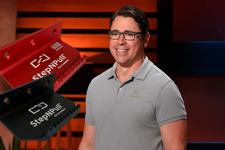 StepNPull founder Mike Sewell standing on Shark Tank set with black and red hands-free door opener products