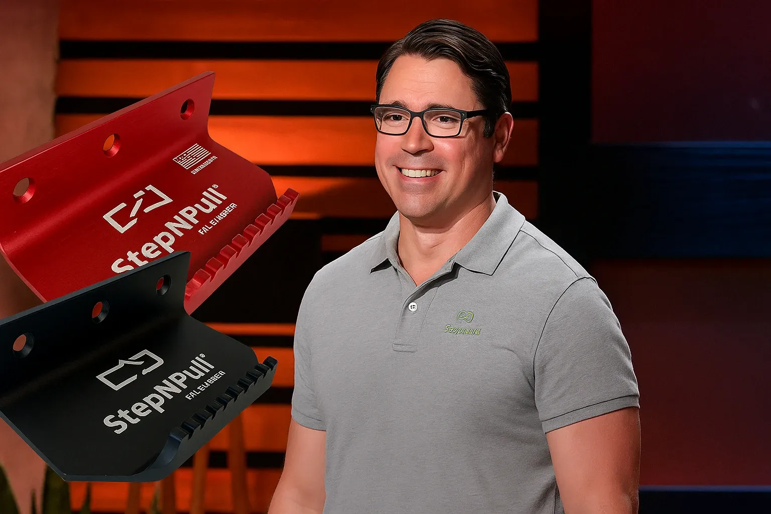 StepNPull founder Mike Sewell standing on Shark Tank set with black and red hands-free door opener products
