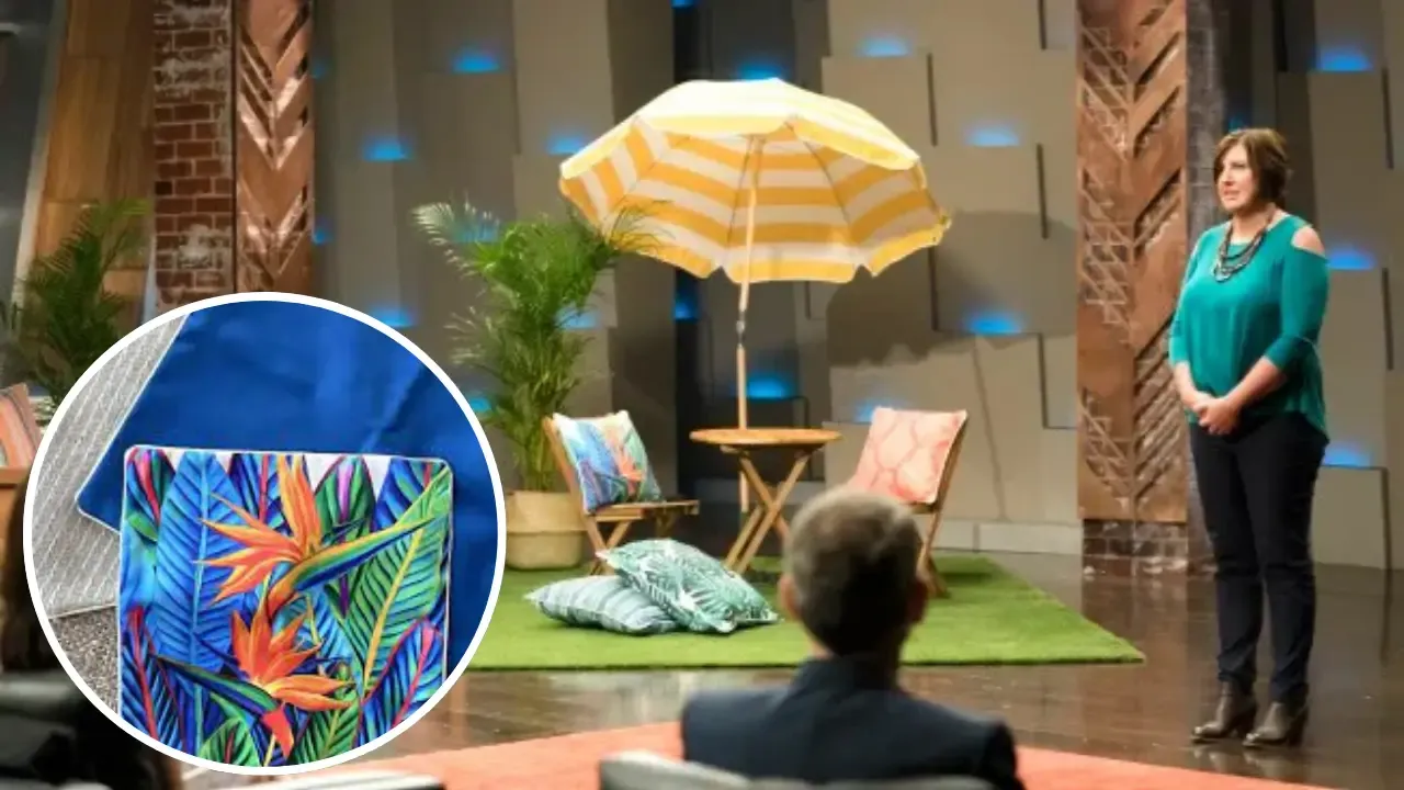 Tanya Wood pitching Sunburst Outdoor Living cushions on Shark Tank Australia set