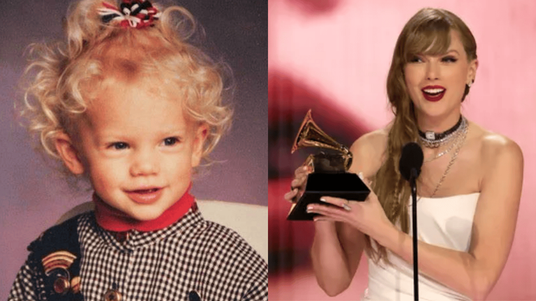 Taylor Swift as a young child next to a recent photo of her winning a Grammy award