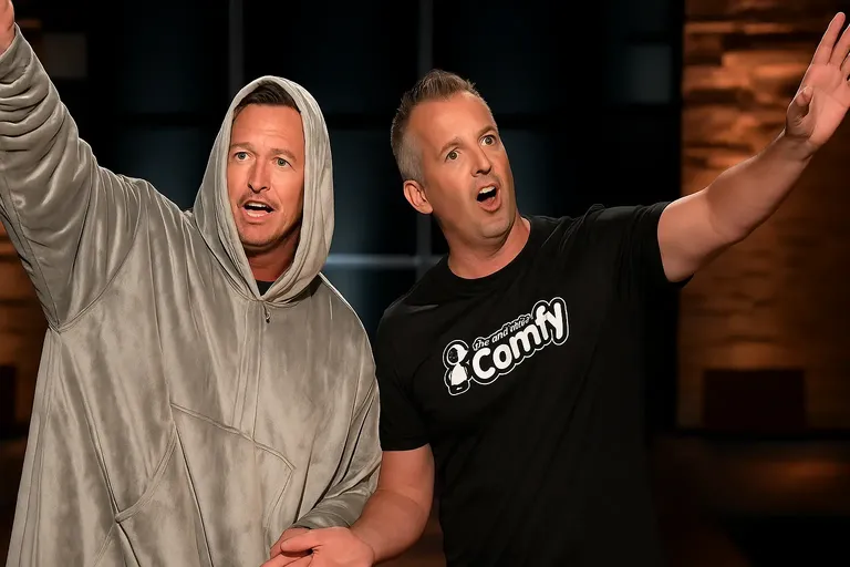 The Comfy founders presenting their wearable blanket hoodie during their Shark Tank pitch