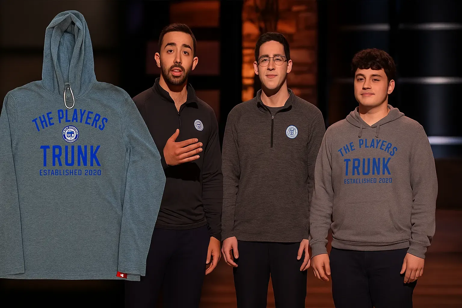 The Players Trunk founders standing on Shark Tank next to a branded gray hoodie with "Established 2020" printed on it.