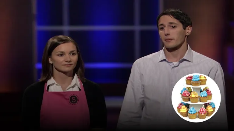 Daniel and Stephanie Rensing presenting The Smart Baker’s cupcake display tower during their Shark Tank pitch