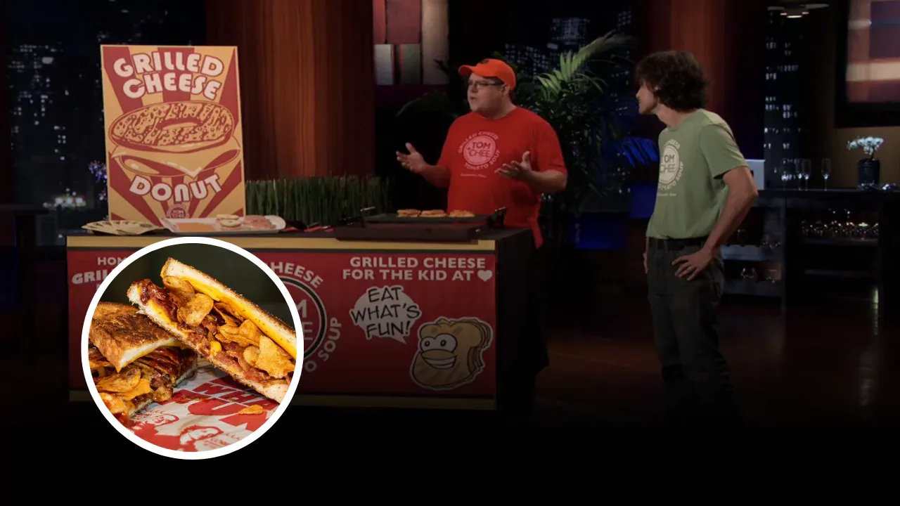 Tom and Chee founders pitching their grilled cheese donut on Shark Tank with a sandwich image inset