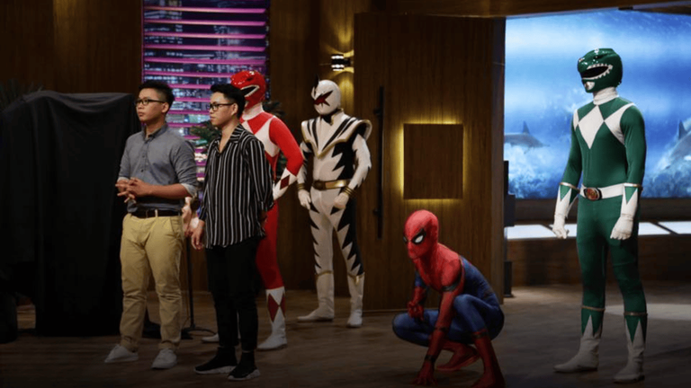 Transform Studio founders presenting Spider-Man and Power Rangers cosplay costumes on Shark Tank Vietnam