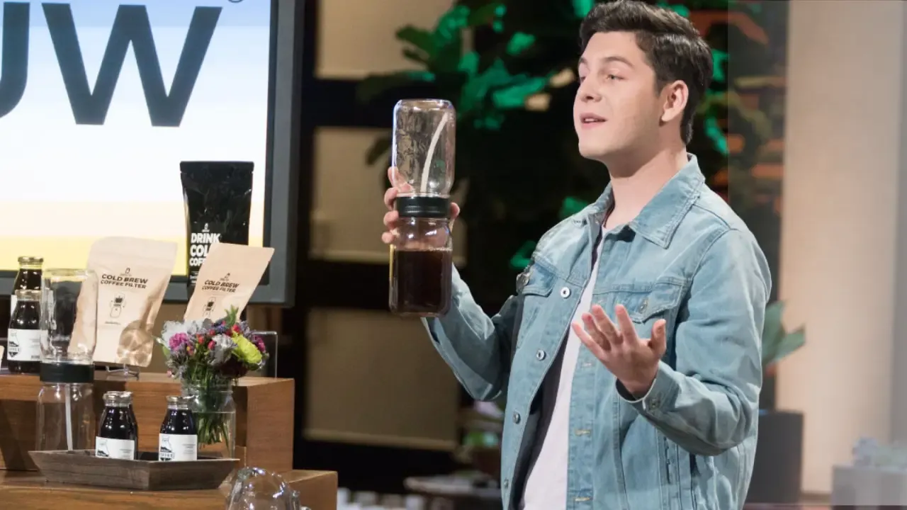"Founder of BRUW presenting the cold brew coffee maker during his Shark Tank pitch"