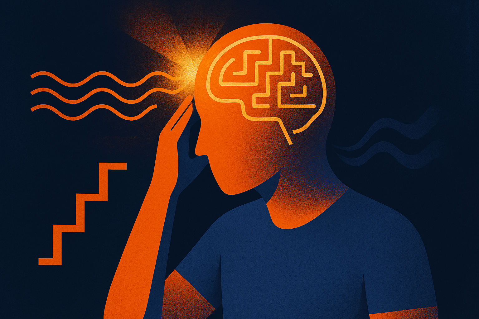 ProCreate-style digital illustration showing a simplified figure gripping their head with a glowing orange brain, surrounded by abstract shapes like a maze and staircase, symbolizing complex cognitive processes involved in falling for fake news. Dark blue background with glowing orange elements for high contrast.