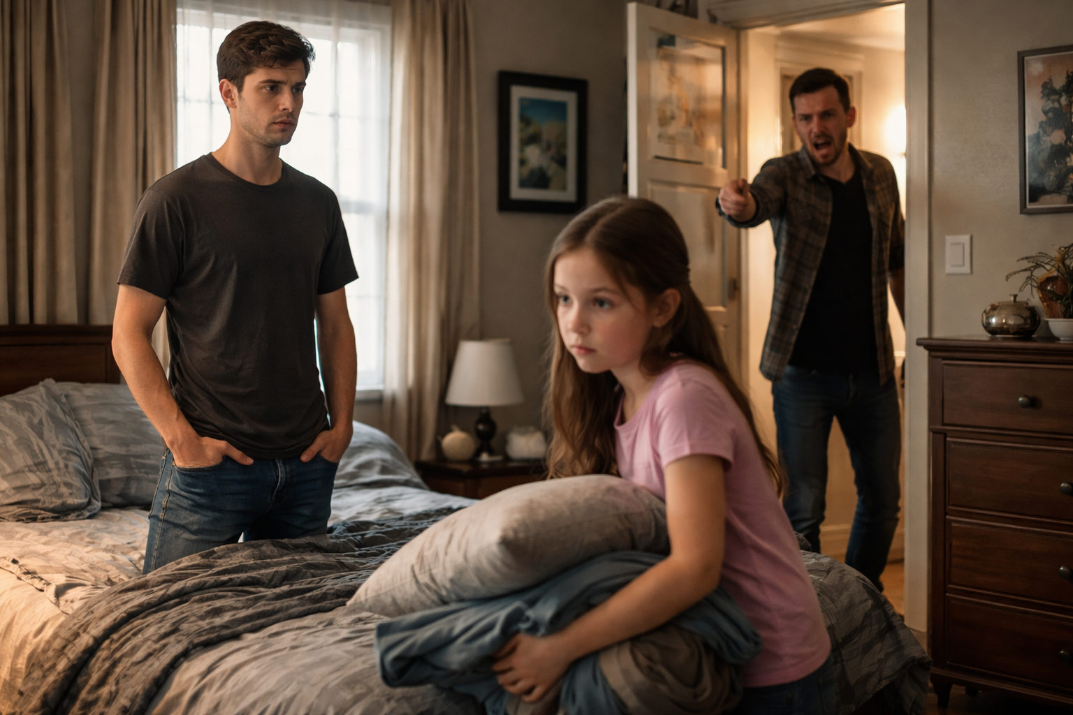 Tense family conflict in a bedroom